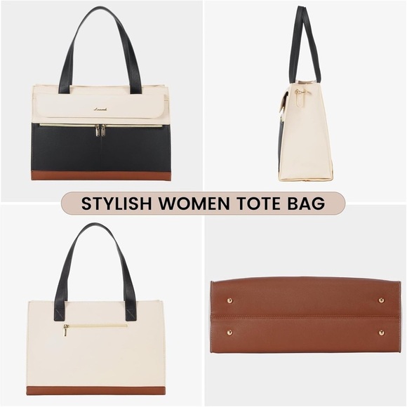 Lovevook Black, Cream, and Camel Tan Tote Bag Tablet Laptop Bag Gold Hardware - Picture 5 of 9
